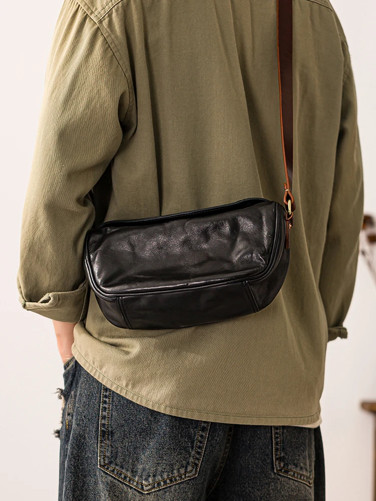 PNDME Fashion designers handmade genuine leather men's shoulder bag outdoor travel luxury cow leather black saddle crossbody bag