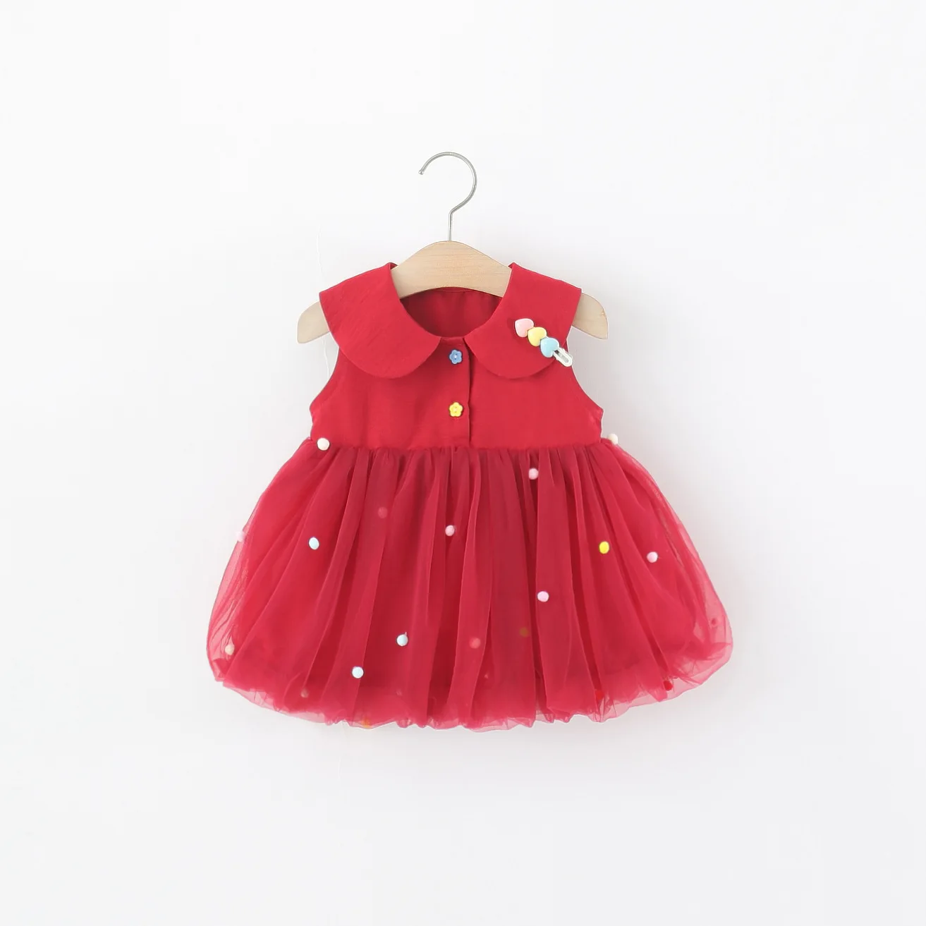 Summer Baby Girl Red Dress Colorful Decor Sleeveless Doll Collar Gauze Dress with Hair Clips Girls Gown for 1st Birthday Party