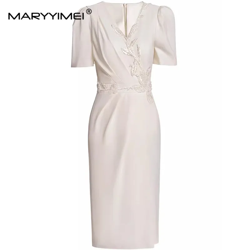 

MARYYIMEI Summer Women's Straight Dress V-Neck Short Sleeve High Waiste Beading Slim Split Celebrity Party S-3XL Dresses