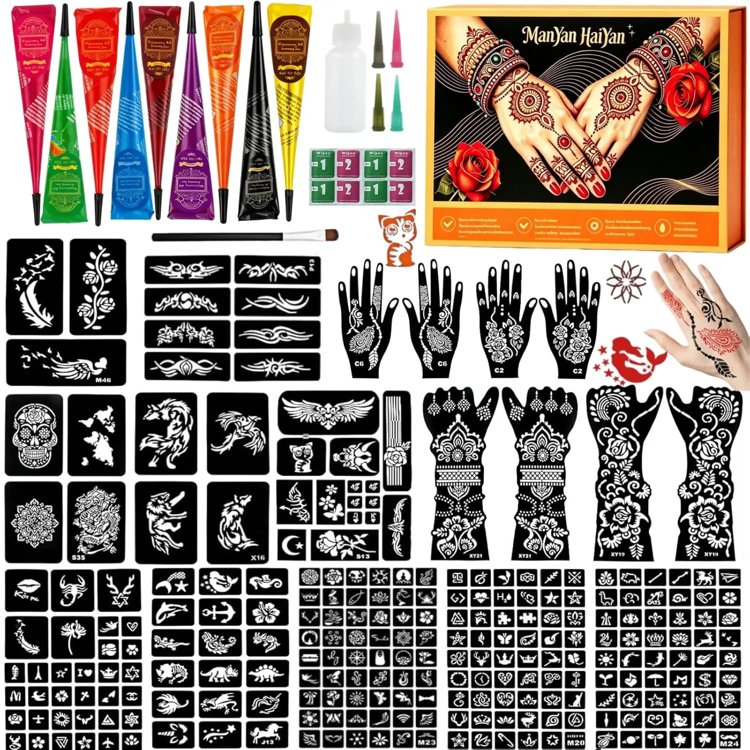 

Набор для временных татуировок с 9 цветами, 255 дизайнами и многоразовыми трафаретами для самостоятельного нанесения на тело