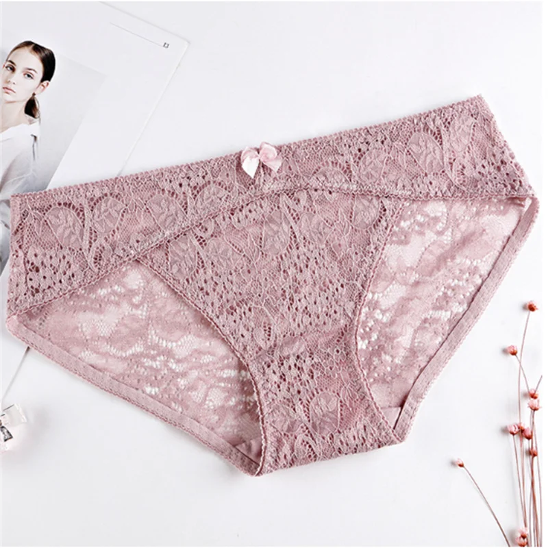 

Transparent lace underwear bow girl low waist triangle pants women sexy hollow lace underwear