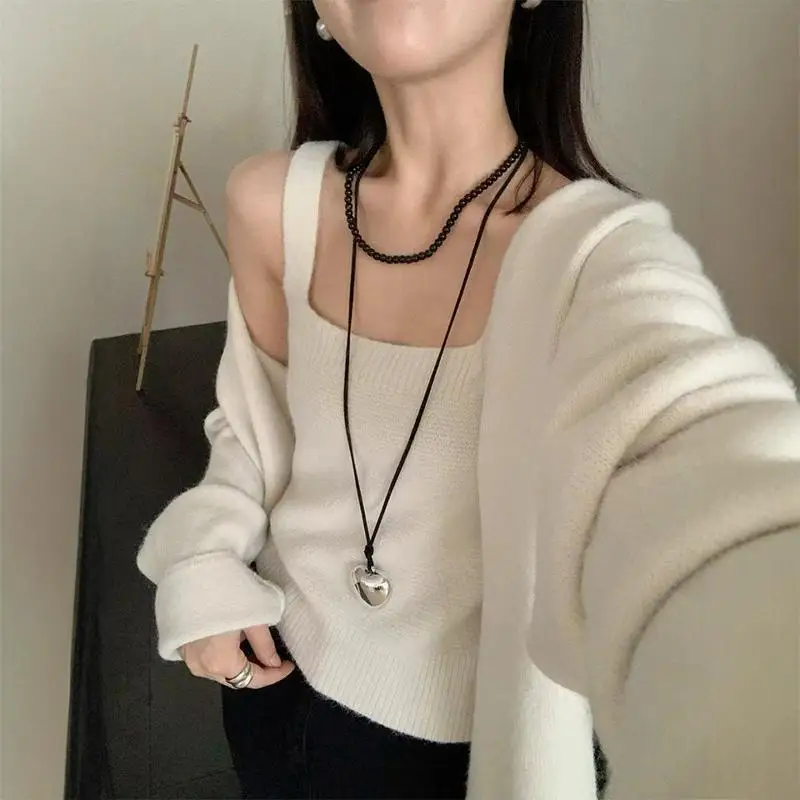 Spring Autumn Knitted Shirt Set with High Quality Fashion Women's Clothing Atmosphere Comes Small Strap Tank Top Two Piece Set