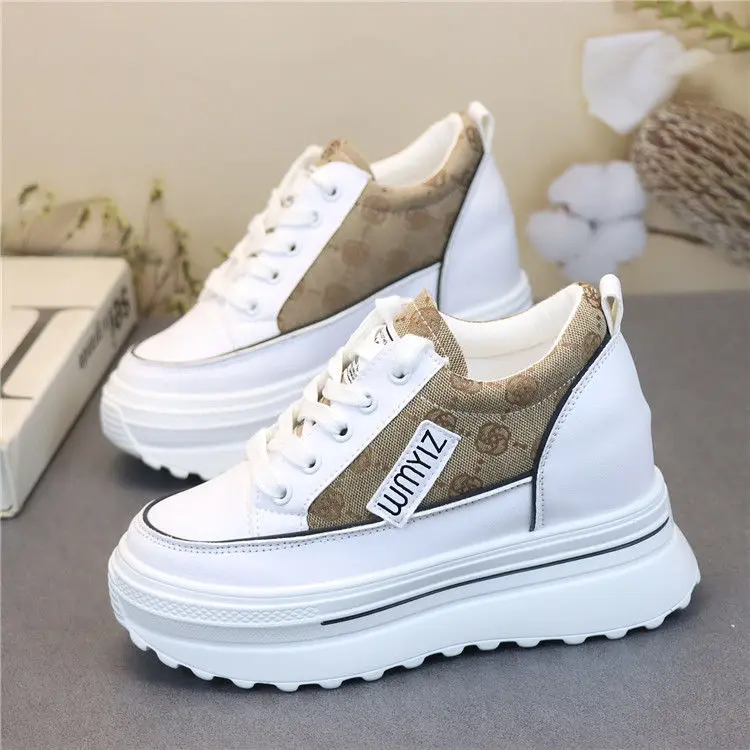 Colorblock Small Height Women Versatile Casual and Lightweight Sneakers Super High Heel Comfortable round Toe White Shoes