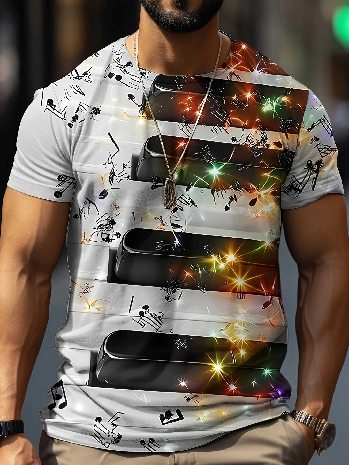 

Men's 3D Graphic T-Shirt - Piano Keys & Ocean Waves Design with Flying Birds