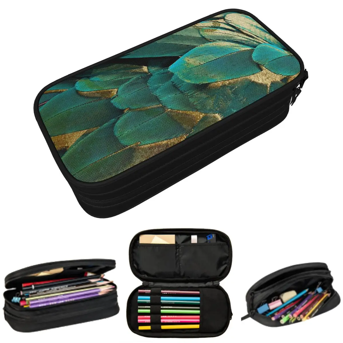 Estuche para lápices con purpurina de plumas, color verde azulado y dorado, para estudiantes, regalos, caja para bolígrafos, bolsa para lápices, suministros de papelería, bolsa para guardar bolígrafos