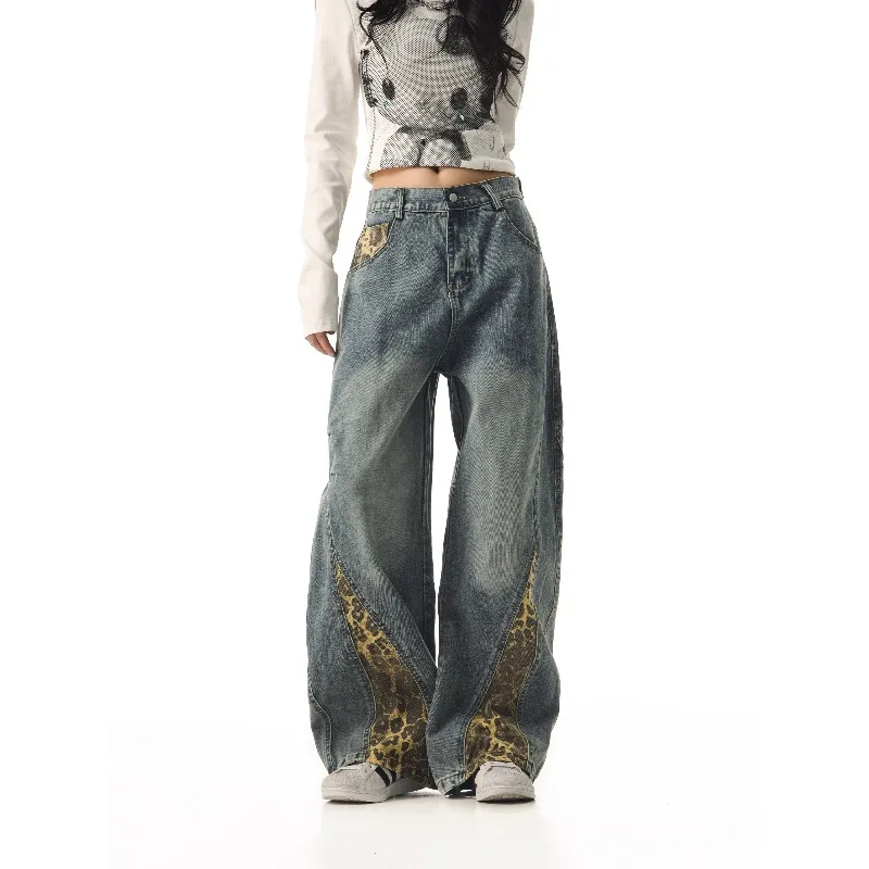 New Women's Retro Leopard Print Splicing Scimitar Jeans Spring Autumn Loose Straight Wide-leg Pants Female Casual Denim Trousers