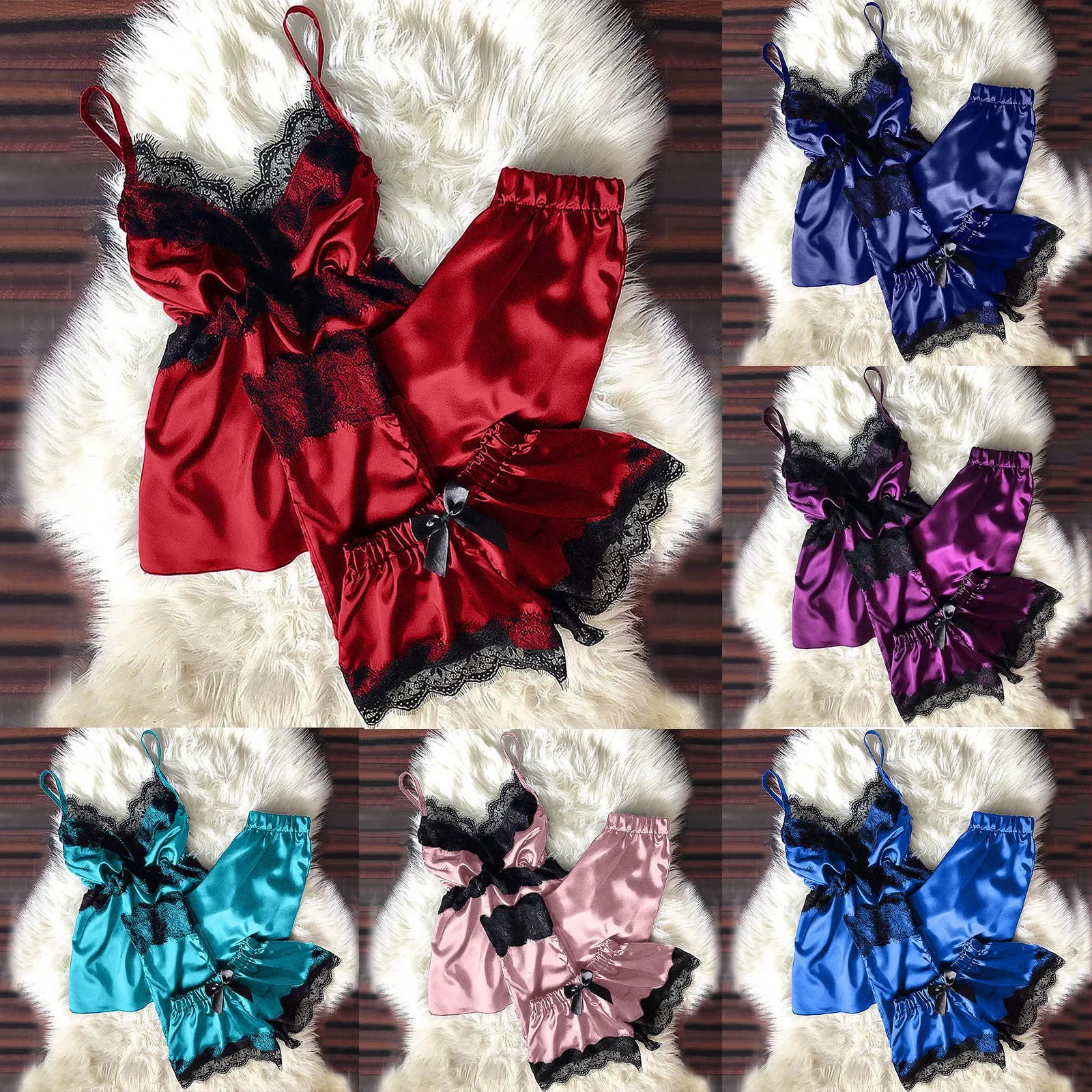 

Sexy Vest Women's Pajamas V-neck Lace Bow Nightwear Three-Piece Set Hot Erotic Porno Teddy Lingere Plus Size Clothing for Women