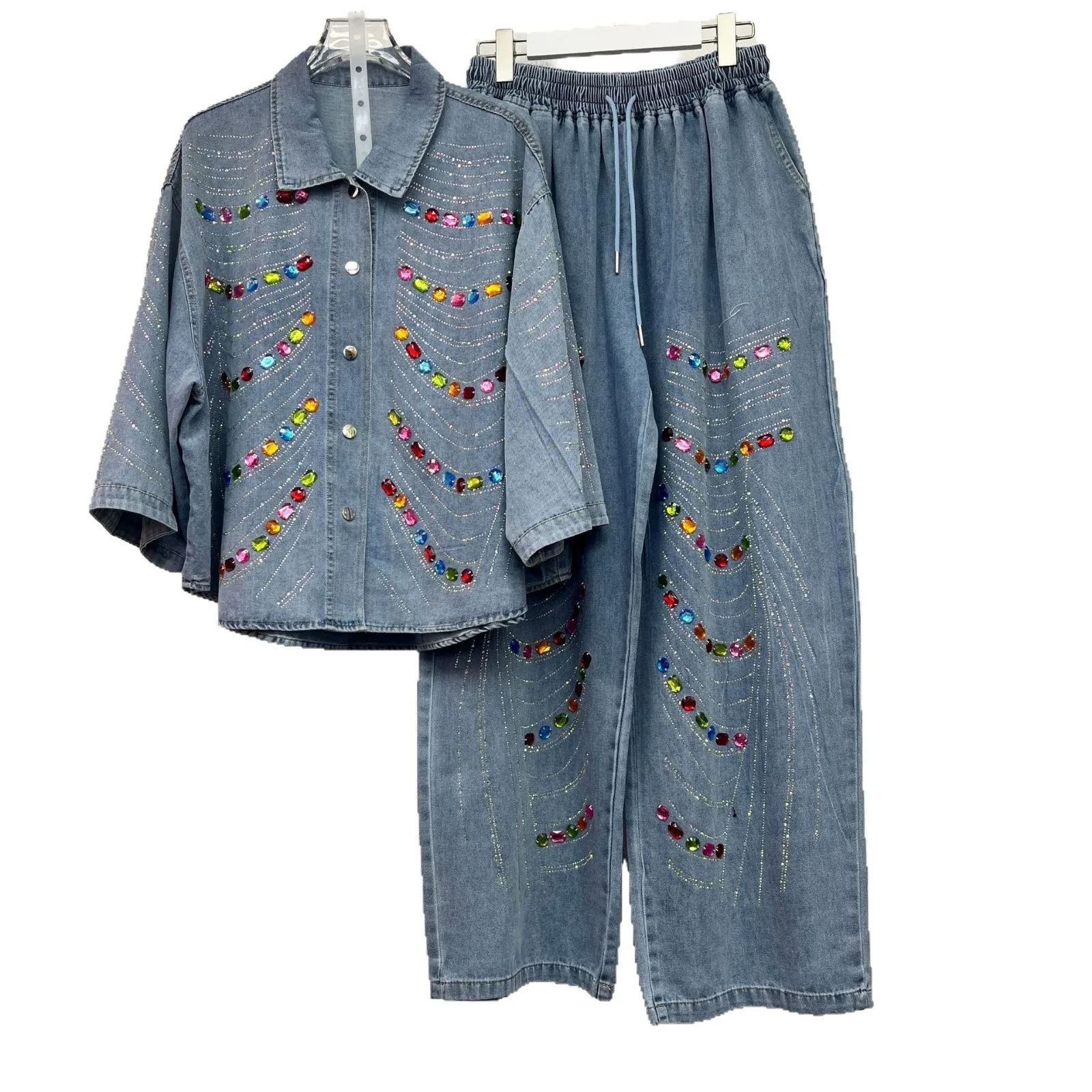 Women Wave Rainbow Diamonds Beaded Denim Shirts Jeans Blouse Drilling Cowboy Rhinestones Cardigan Tops + Elastic Shorts 2Pcs Set