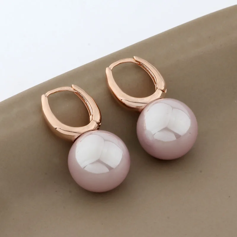 New Trend 14mm Round Pearl Earrings Unique 585 Rose Gold Color Simple Hanging Earrings For Women Wedding Fashion Jewelry 2022