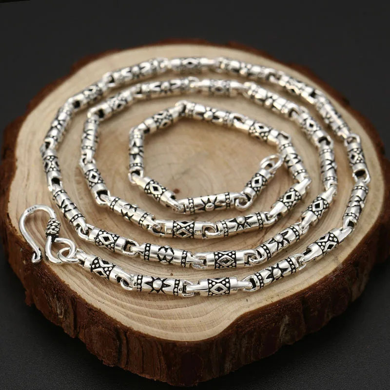 S925 sterling silver sun ray barrel bead necklace thai silver retro men's and women's ethnic style stitching silver chain