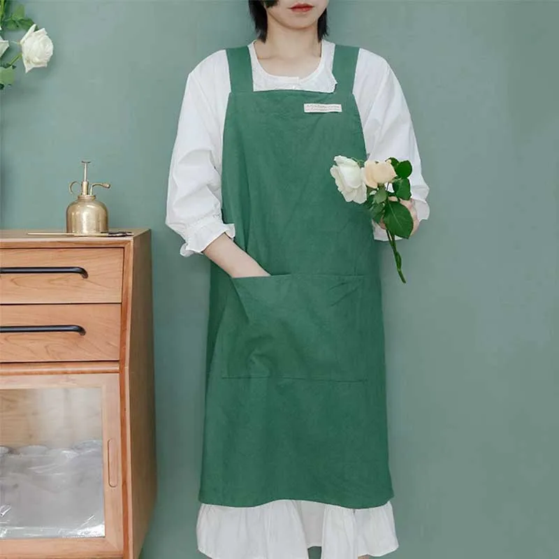 

Plain Color Cotton Linen Kitchen Apron With Pocket Cross-back Women's Anti-dirty Pinafore For Cooking Cleaning Gardening Baking