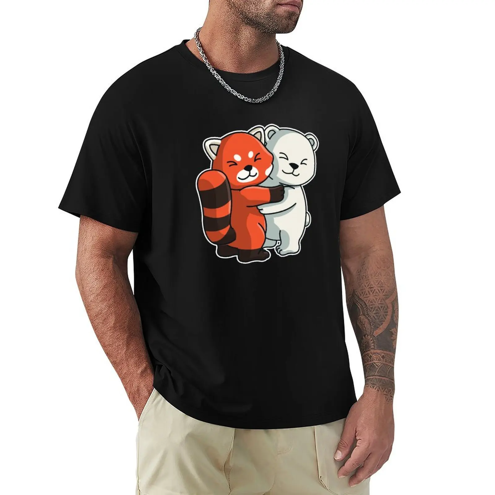red Panda and Polar bear Hug Cuddle Animals T-Shirt Basic Breathable Solid Color T-Shirt