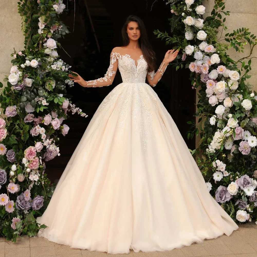 Flavinke personalizado miçangas pérolas apliques fora do ombro a linha vestidos de noiva rendas mangas completas vestidos de casamento champaghe 2025