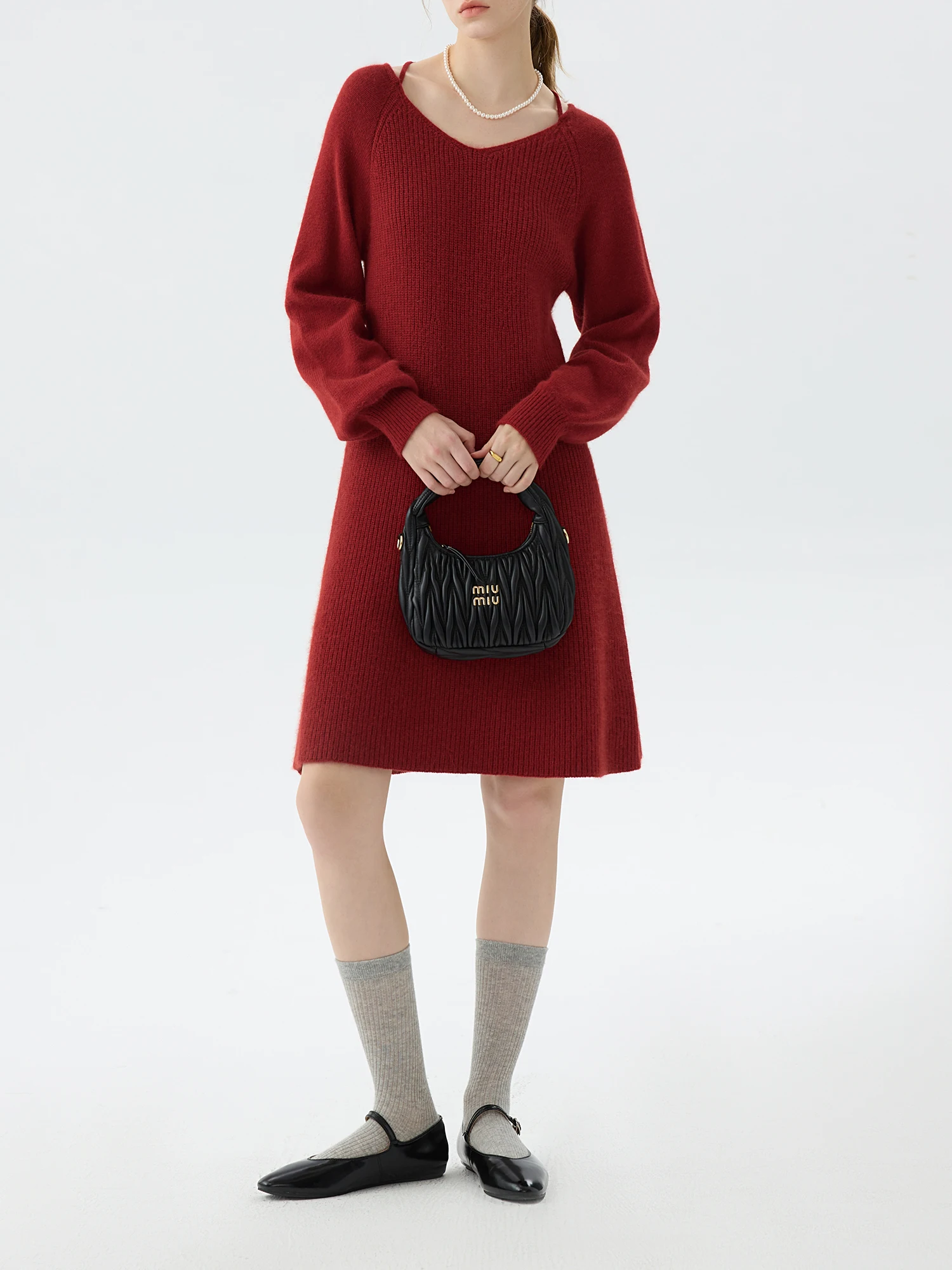FSLE 8% Sheep Wool V-neck Red Elegant Sweet Style Knitted Dress For Women 2024 Winter New Design  Long Sleeves Dress 24FS14372