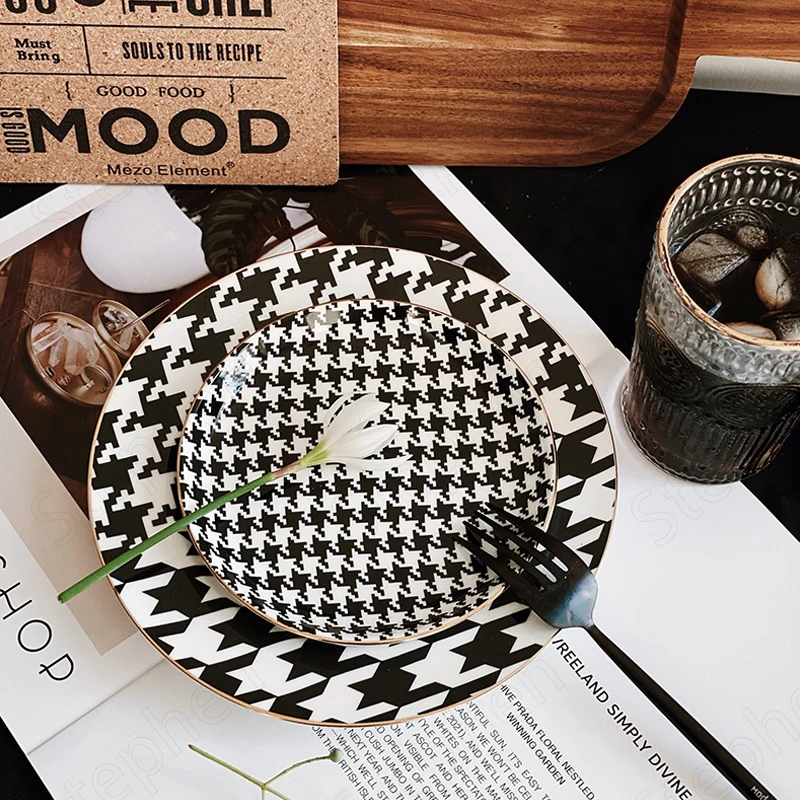 Nordic Ins Classic Black White Grid Ceramic Plate Modern Houndstooth Dinner Plates Afternoon Tea Cake Dessert Dishes Tableware