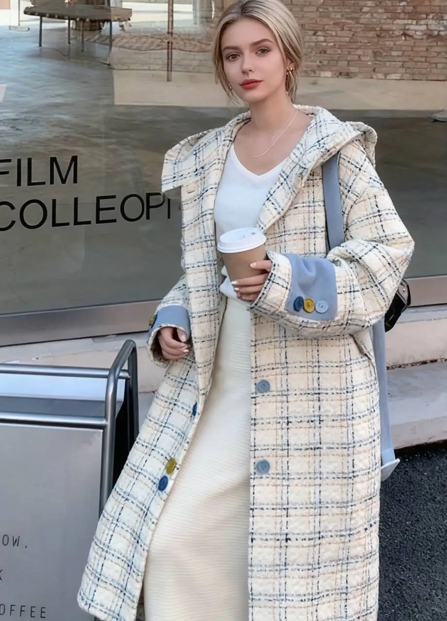 

Шерстяные пальто Женское шерстяное пальто ручной работы Зимнее полиэстеровое клетчатое пальто с воздушными шарами на пуговицах на подкладке на талии Складное