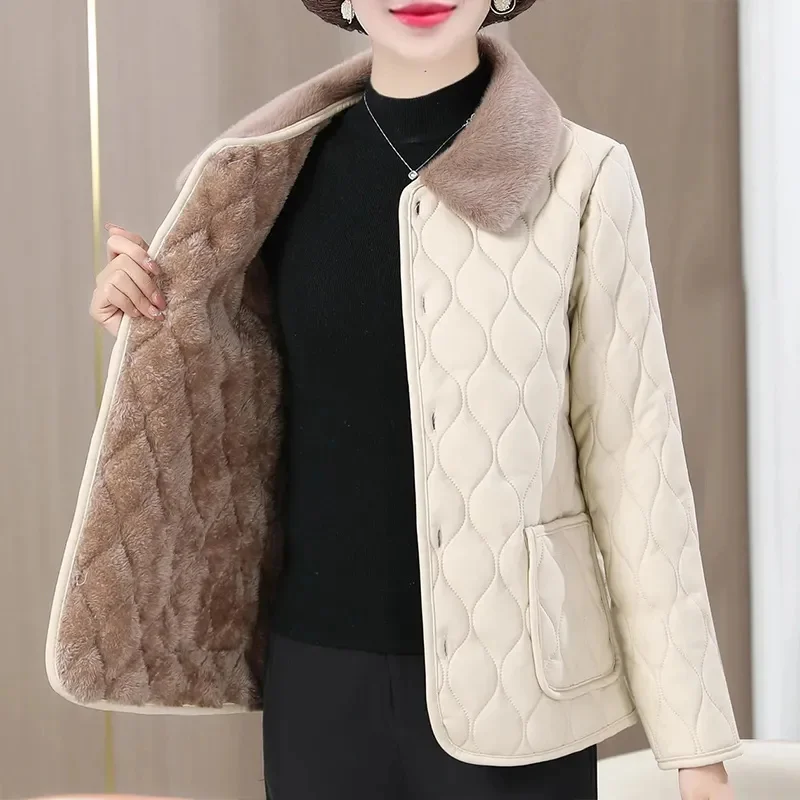 Fashion Plus Size Loose Thick Fur Collar Coat For Mid-Aged Women With Velvet Warm Quilted Coat Winter Plush Jacket Winter Mom's