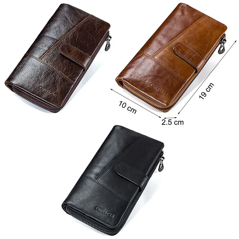 CONTACT'S Genuine Leather Wallets for Men Long Vintage Bifold Men's Wallet Zipper Coin Purses Card Holders Money Clips Handbags