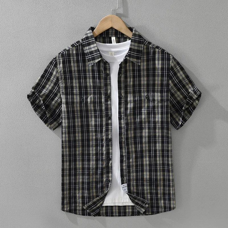 

2026 Summer New Vintage Plaid Pure Cotton Short Sleeve Shirt for Men Clothing Thin Turn-down Collar Summer Shirts