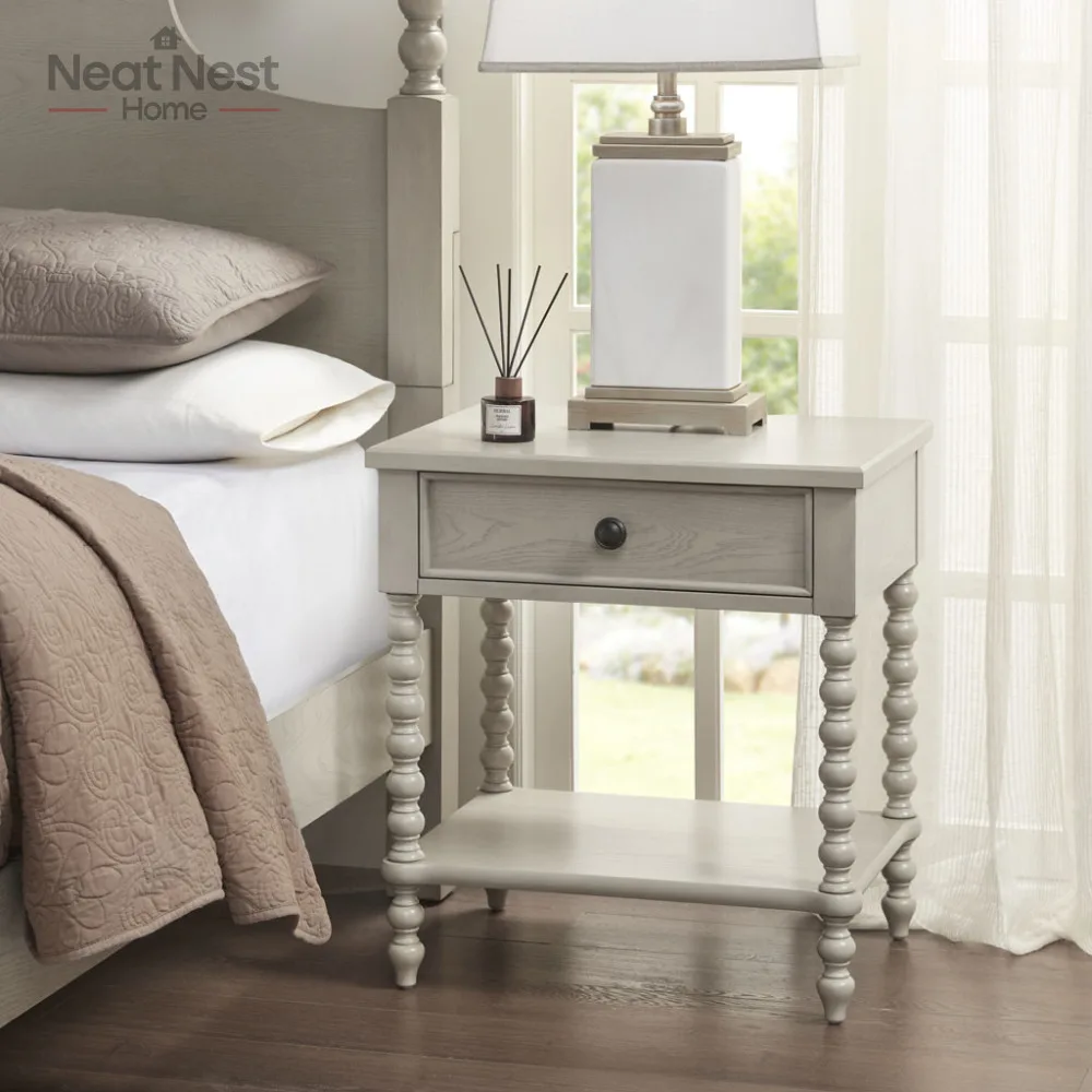 

Nightstand Antique Cream, nightstands with Drawer Solid Wood Frame Bedside Table for Bedroom with Turned Legs, Classic End Table