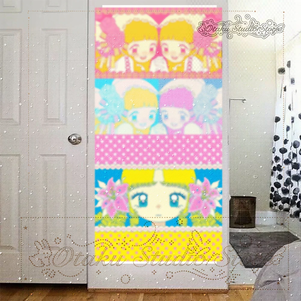 ぽっかり Retro Showa Style Cartoon Girl Patchwork Vertical Tapestry Colorful Polka Dot Door Wall Hanging