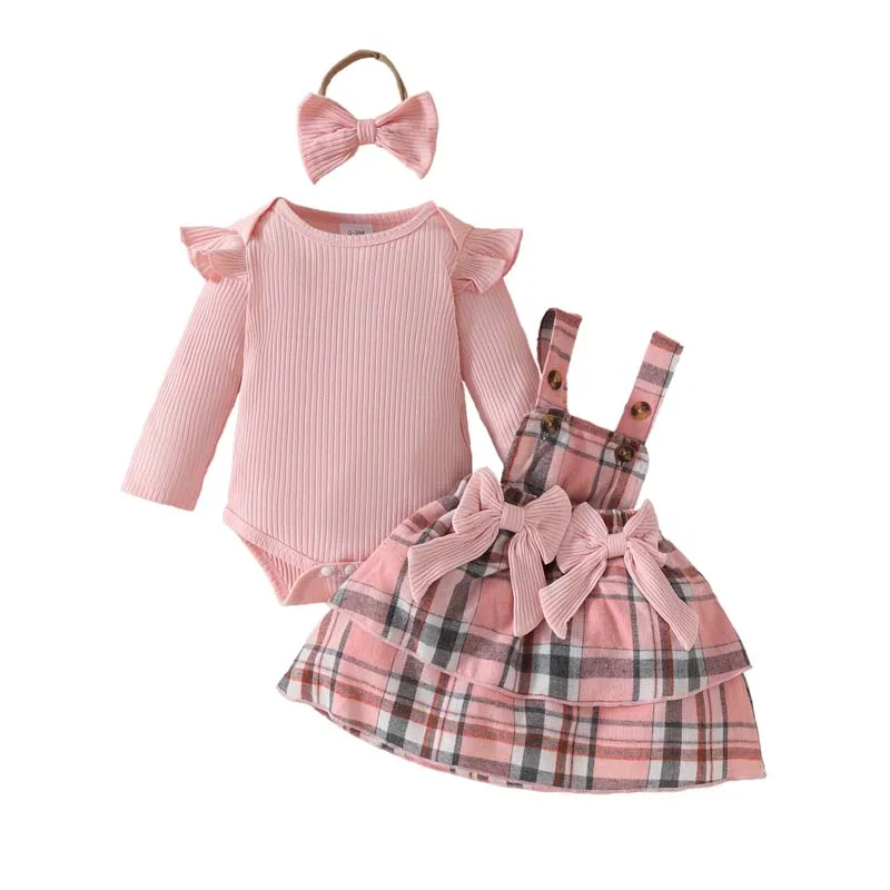 

Baby Girls Clothes Pink Sets Long Sleeve Pit Stripe Bodysuits Plaid Bow Skirt Hairband Autumn Newborn Baby Clothes 0-18 Months