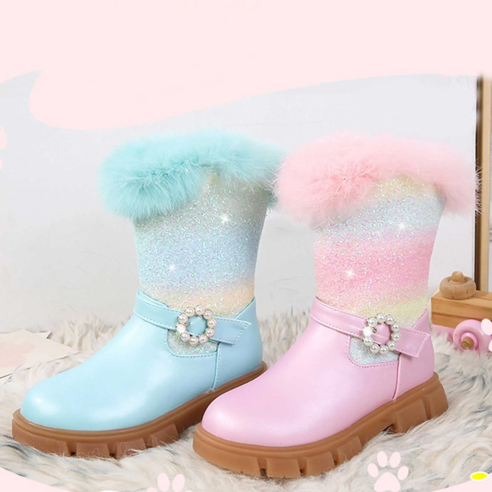 

Girls Shiny Princess Snow Boots 2024 Winter New Children's Plus Velvet Warm Shoes Kids Dance Performance Comfortable Wears Botas