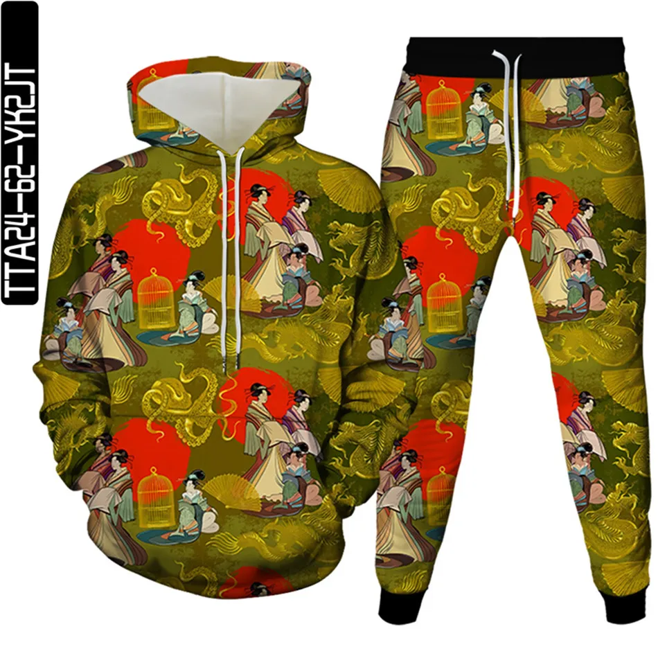 Art Chinese Oil Painting Graffiti Animal Tiger Horse Women Casual 2pc Sets Men Hoodies Trousers Clothing Suit Female Tracksuit