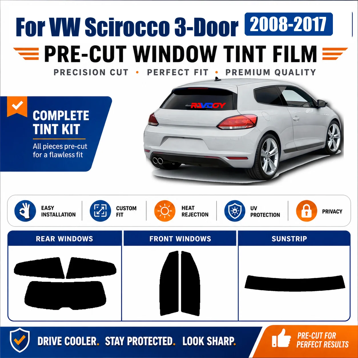 For VW Scirocco 3-Door 2008-2017 Window Tint Film Front Window Rear Window Anti-Glare Privacy Film