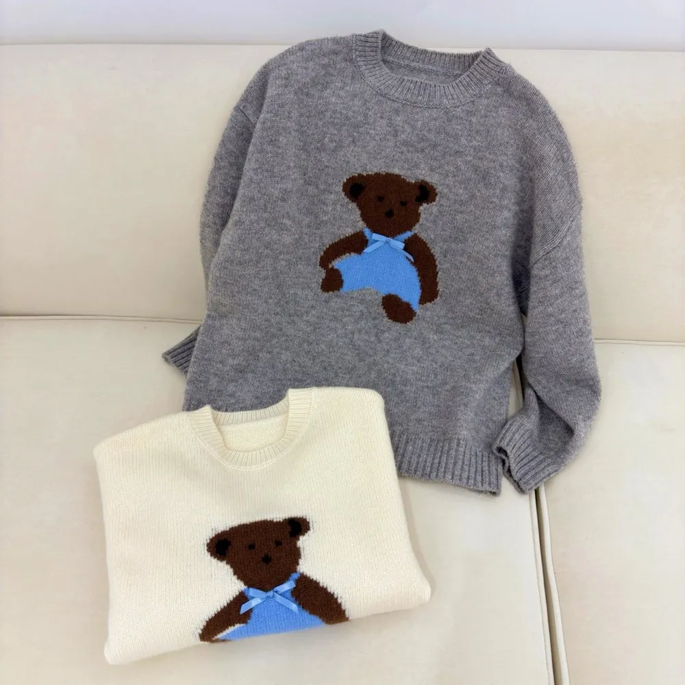 سترة رمادية للأولاد والبنات منقوشة برسوم كرتونية سترة صوف عصرية دافئة ومريحة