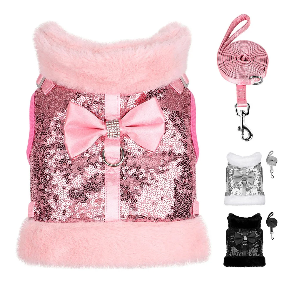 Warm Fur Dog Harness Bling Sequines Dogs Vest Harness For Small Medium Dogs Cats Winter Pet Vest Clothes With Cute Bowtie Pink