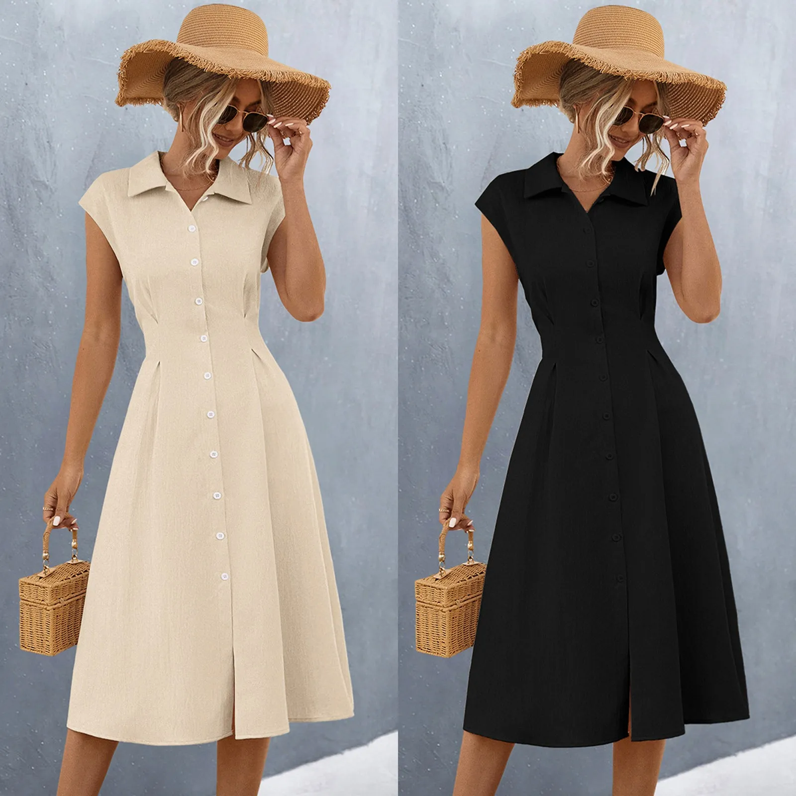 

Fashion Buttons Shirt Dress Ladies Short Sleeve Waisted Vestidos Women Solid Color Lapel Elegant Casual Robe A Line Dress