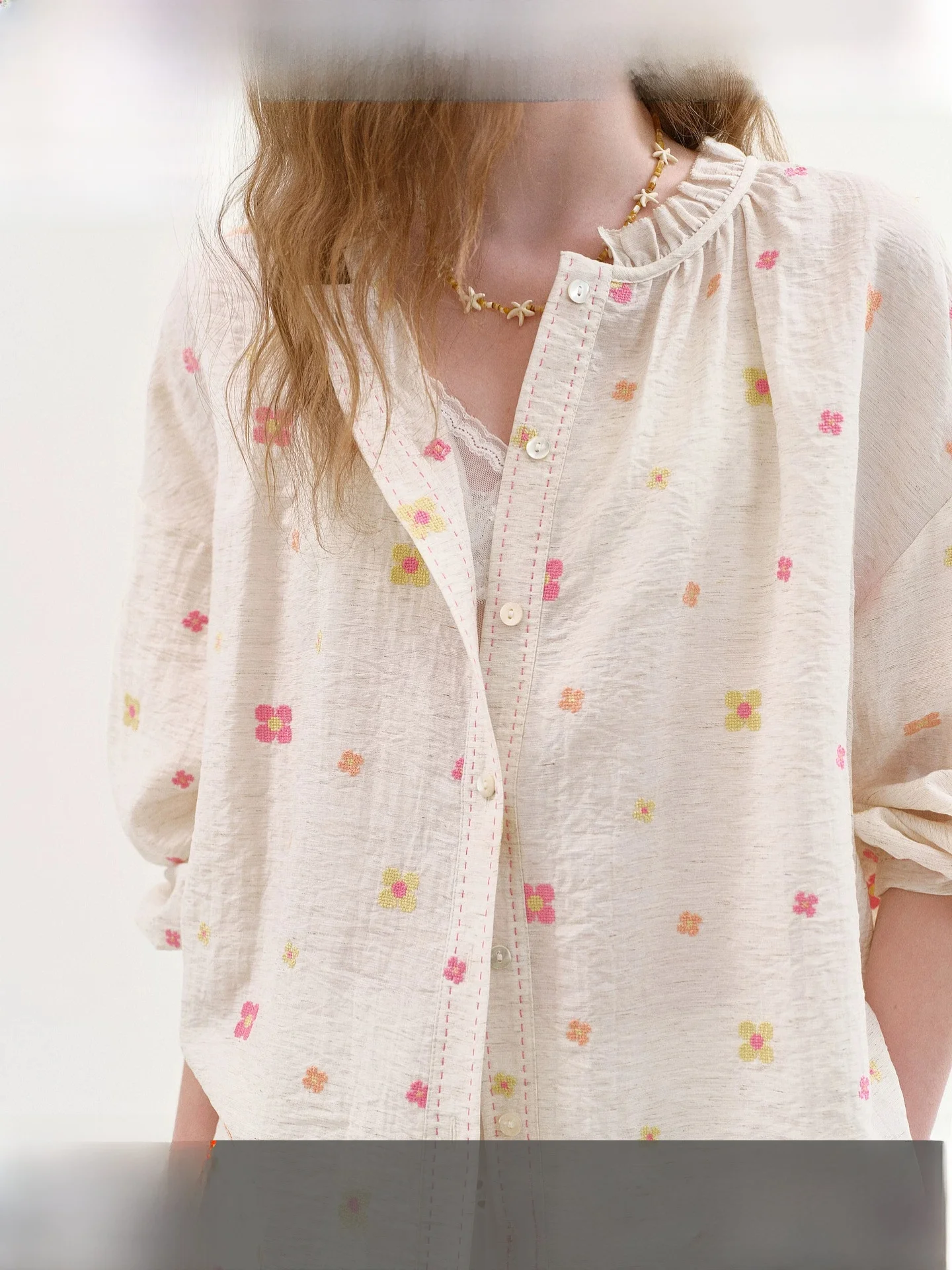 

Fano Women's Embroidered Cotton Linen Feel round Neck Shirt Summer New Style Sun Protection Top Romantic Field Style Floral P...