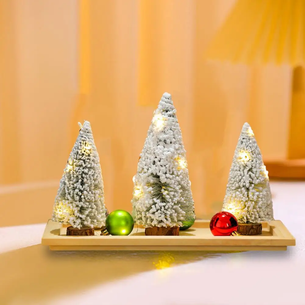 Wooden Base Christmas Tree Festive Led Mini Christmas Trees for Desktop Bookshelf Decor Set of 3 Artificial Snow Flocked Pine