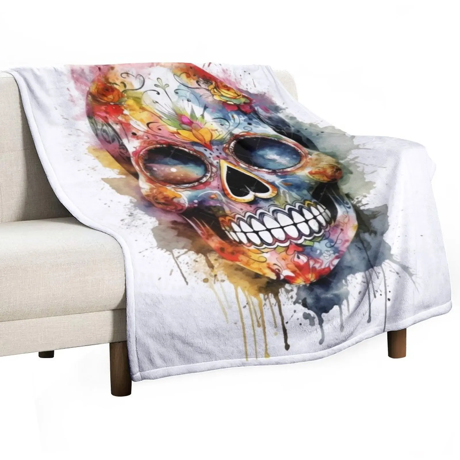 Mexican Colored Skull watercolor artistic painting, Sugar Skull. Throw Blanket cosplay anime Hair Designers Blankets