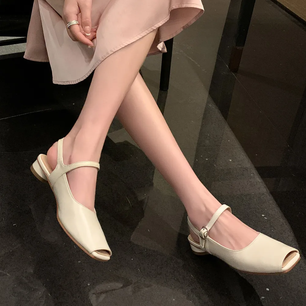 FEDONAS Spring Summer Women Pumps Low Heels Fashion Peep Toe Genuine Leather Buckle Strap Office Lady Working Shoes Woman 2024