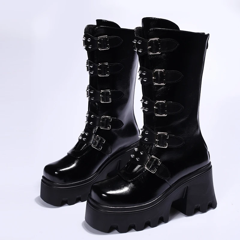 Novo outono feminino grosso meados de bezerro botas cabeça redonda rebite fivela de cinto sola grossa anti-deslizamento resistente ao desgaste botas de salto alto