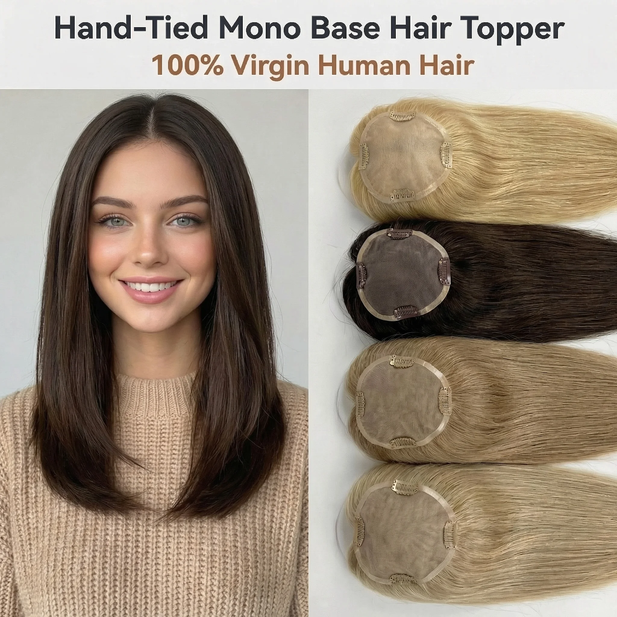 

Premium Virgin Hair Topper | Monofilament Base | High Density | For Thinning Hair | Color & Size Variety