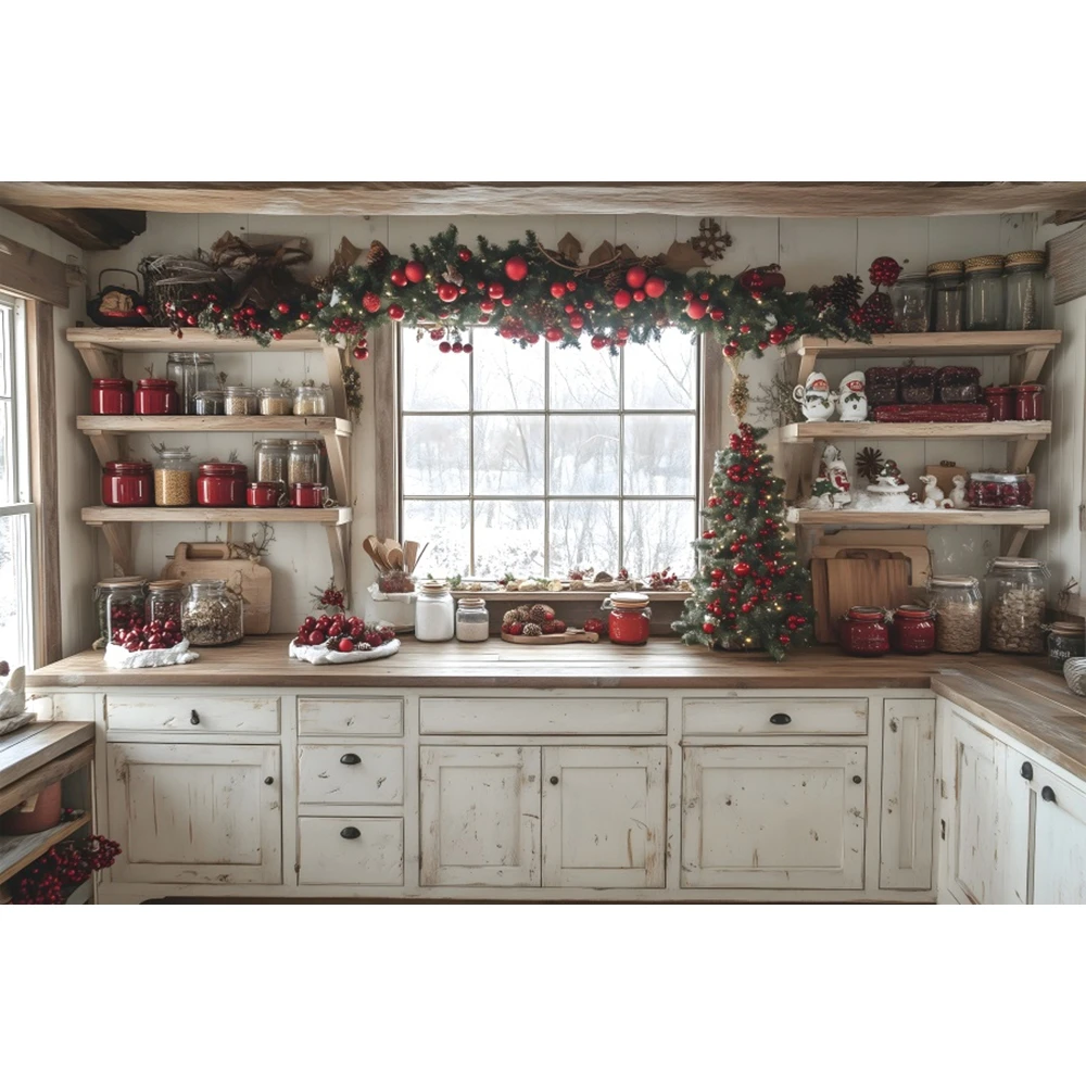 Christmas Kitchen Photography Backdrop Vintage Wooden Cupboard Wreath Red Green Xmas Family Kids Portrait Photo Background Decor