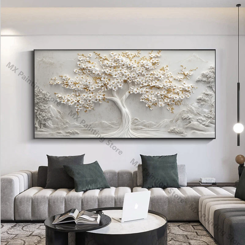 White Flower Tree on Canvas,Wall Art Abstract  Blooming Tree Painting,Prints Poster,Living Room Home Decor Unframed Pictures