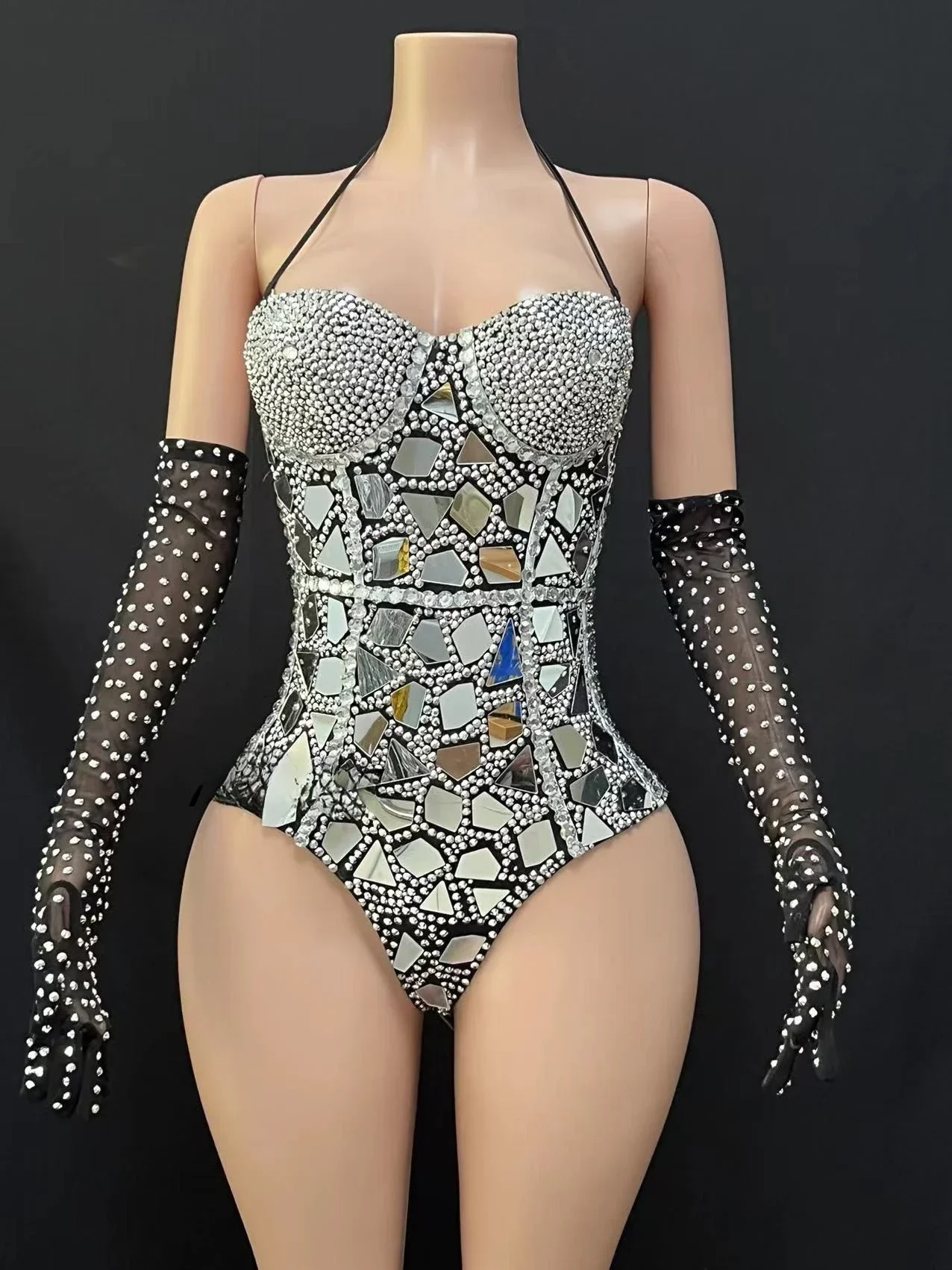 Female Black Mirror Rhinestone Bodysuit Technology Luxurious Diamond Bar Nightclub Stage Dance Team Performance Costume Onesie