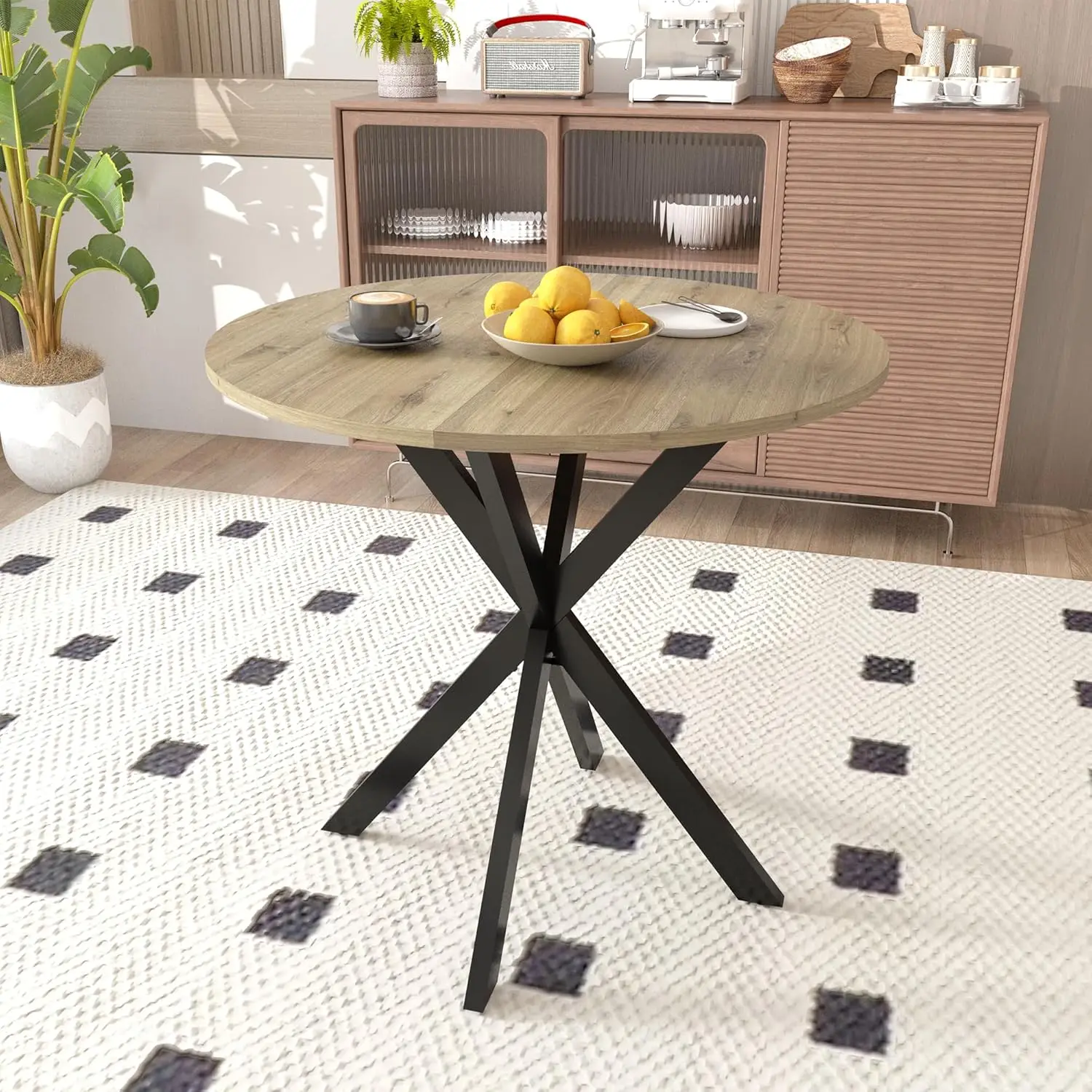 

31.5'' Round Dining Table Black Metal Legs Brown MDF Top Seats 2-4 Kitchen Dining Room, Customized