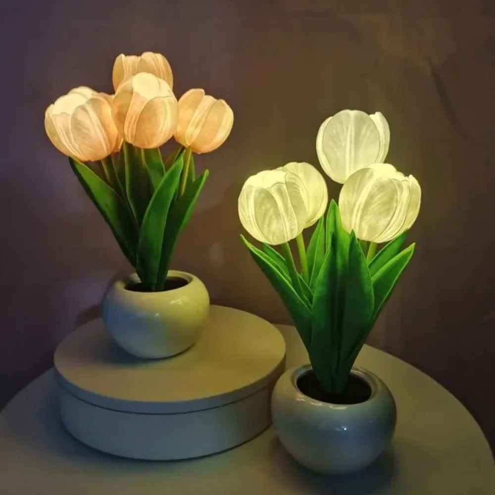 USB-Powered Tulip Night Light, Artificial Tulip LED Table Lamp with Ceramic Pot, Decorative Floral Table Lamp for the Bedroom, Perfect as a Gift