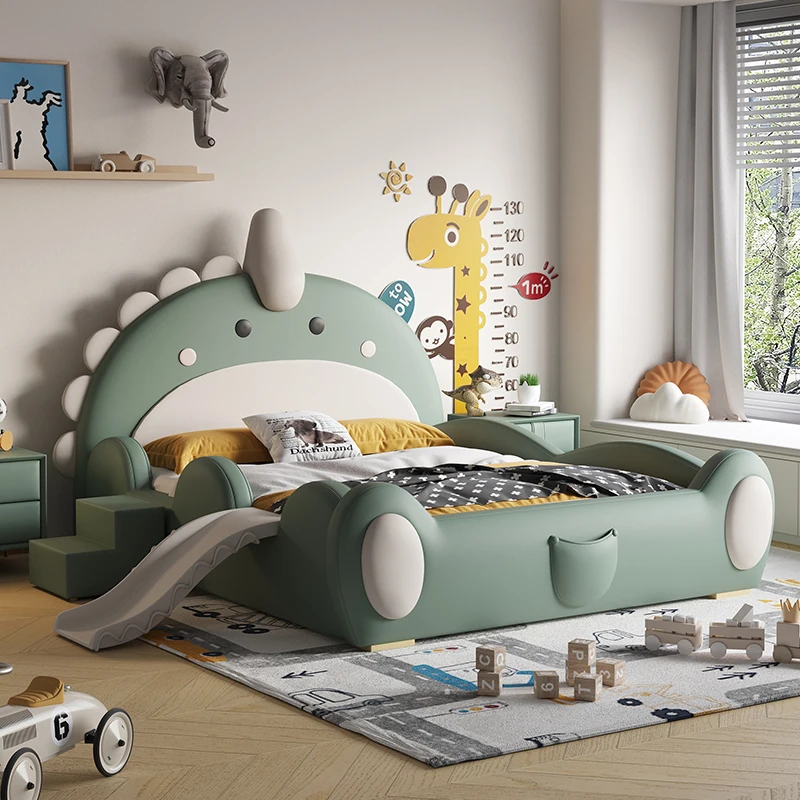 

1.2m 1.35m 1.5m 1.8m Minimalist Cartoon Creative Dinosaur Children Single Bed With Stool Fence Slide Beds Bedroom Furniture