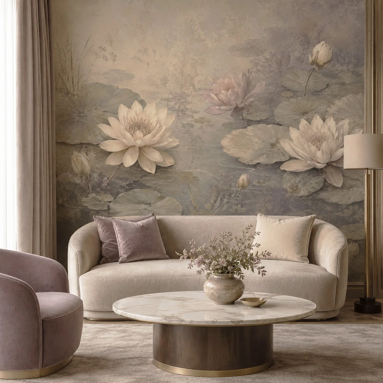 Vintage Lotus Pond Wallpaper Mural Beige Gray Water Lily Floral Wall Art Living Room Decor Non Self Adhesive Glue Required