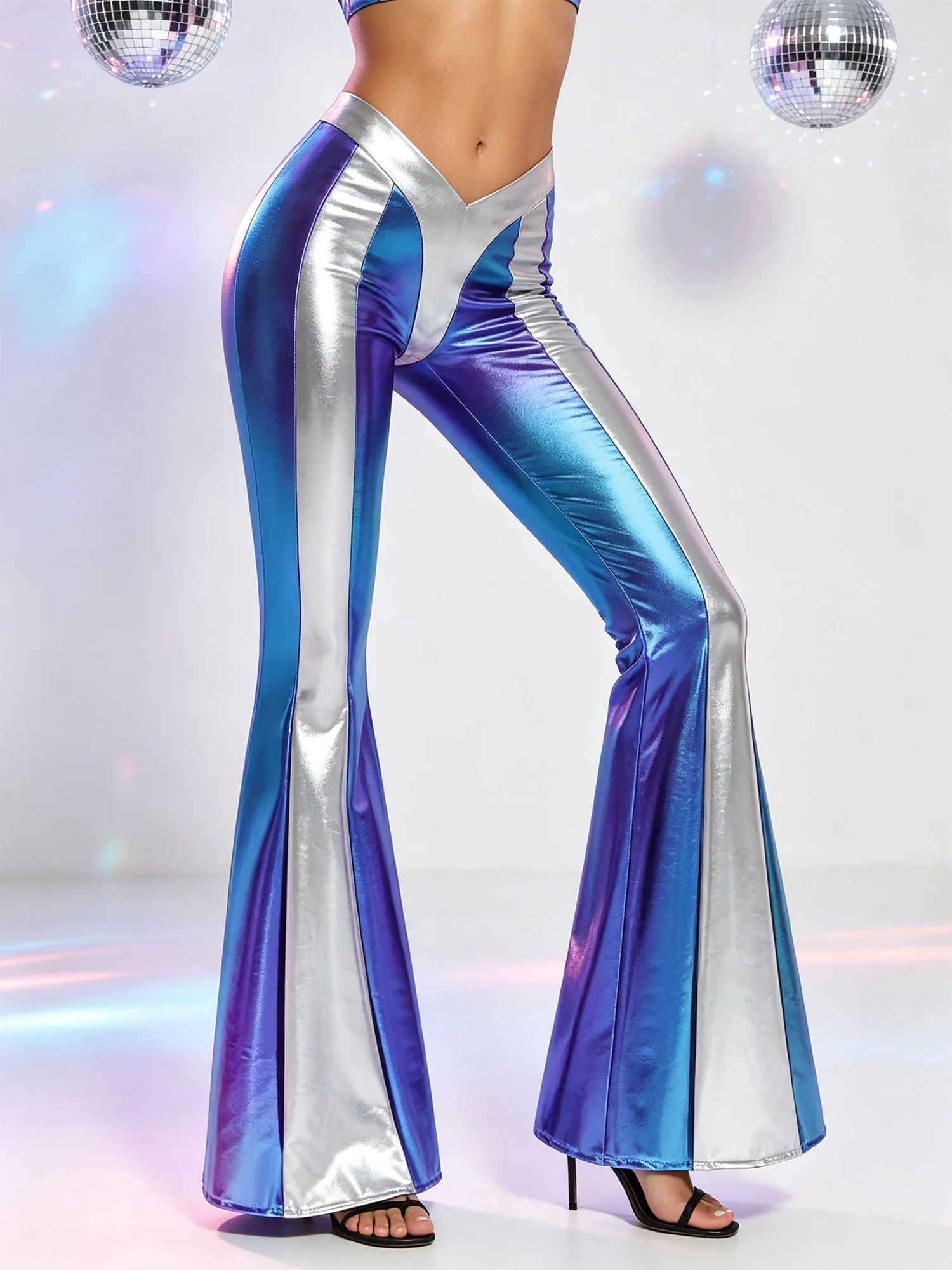 Women Metallic 70S Disco Hippie Costume Jazz Dance Bell-bottom Trousers Halloween Cosplay Astronaut Color-blocked Flared Pants