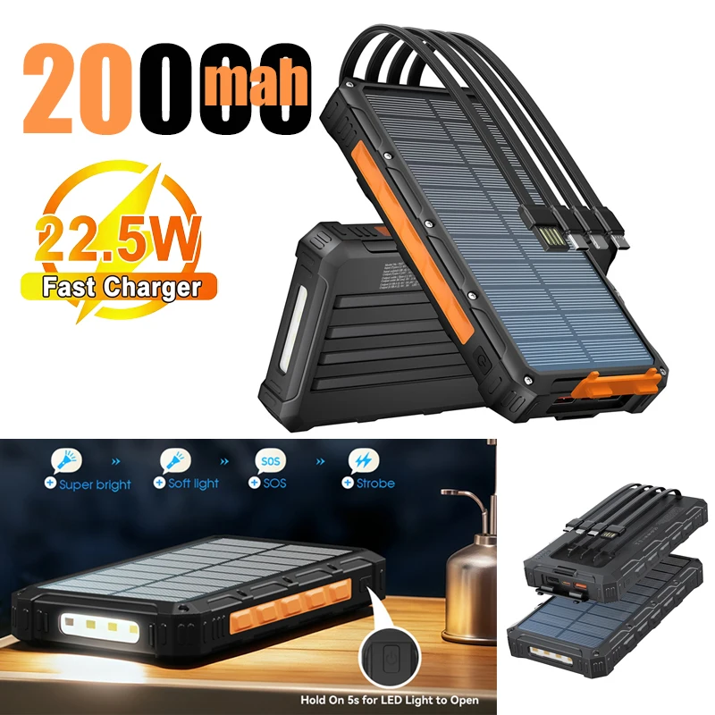 

Портативный внешний аккумулятор на 20000 мАч с солнечной зарядкой, быстрая зарядка 22.5 Вт, встроенные кабели, для устройств Apple и Android, новинка 2026 года