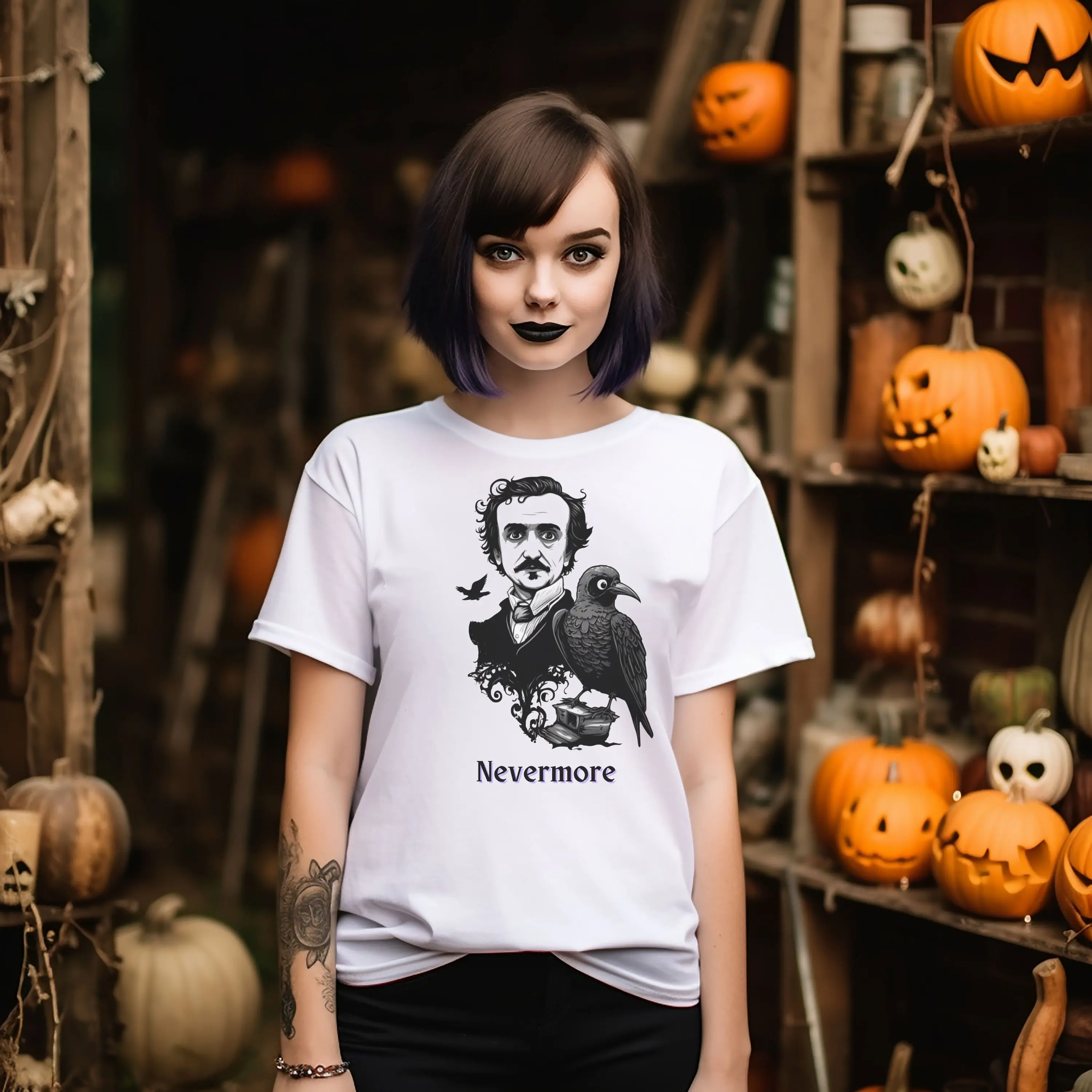 Edgar Allan Poe T Shirt The Raven Nevermore Halloween Gothic Author Quoth Fan Poem