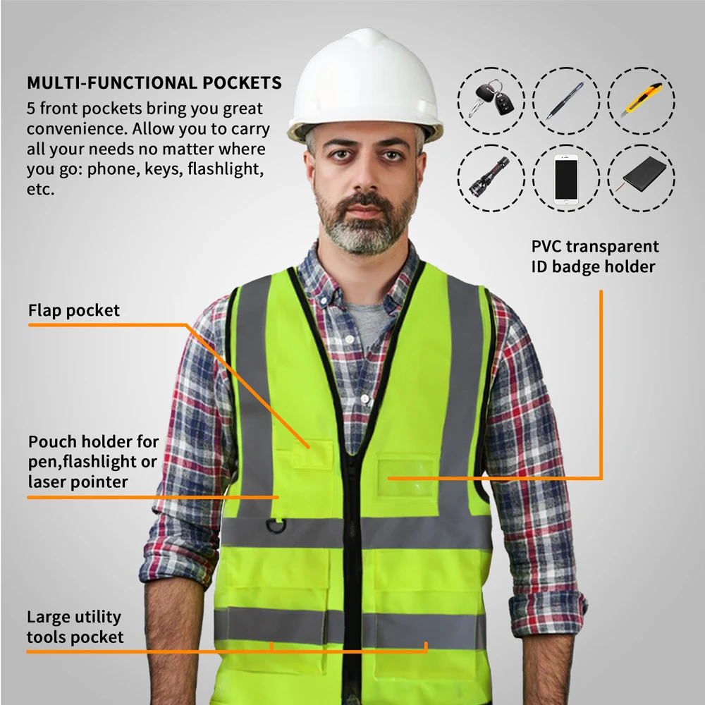 Custom Logo Work Vest with Pockets Zipper Hi Vis Safety Working Clothes for Men Construction Workwear