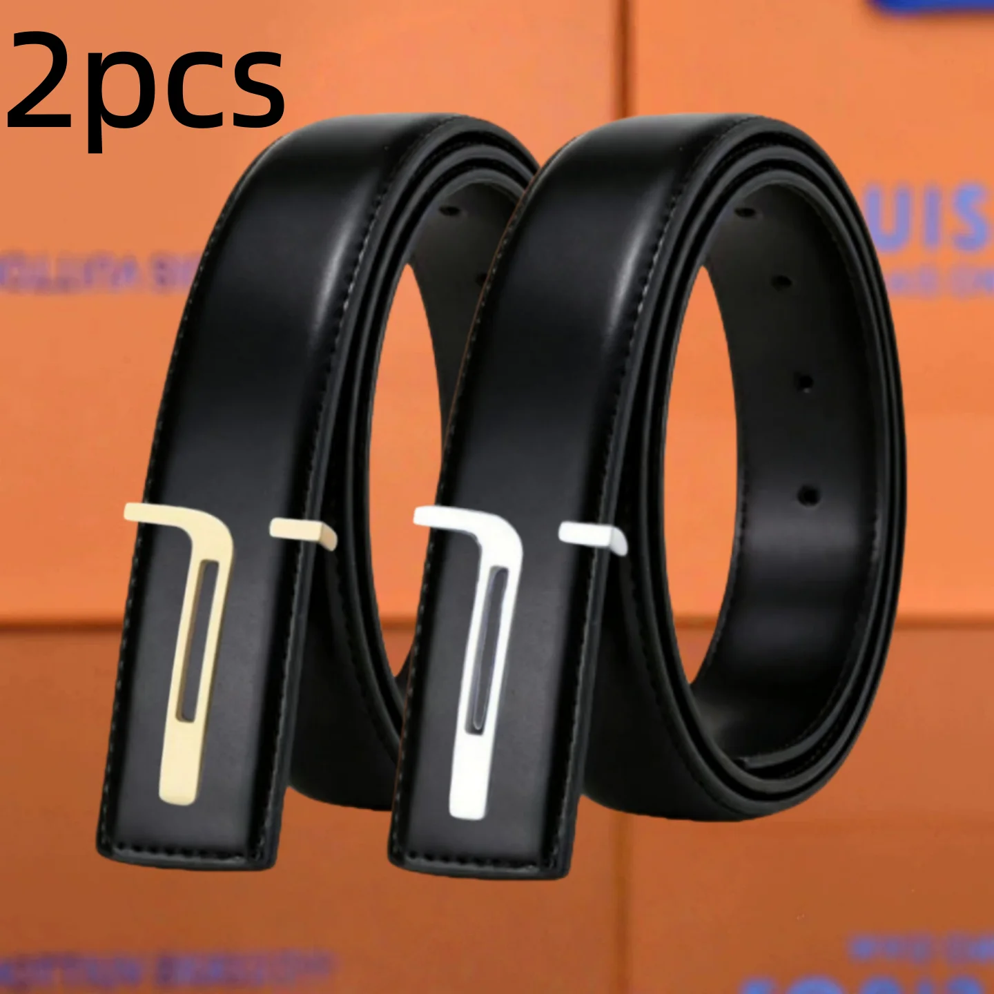 2Pcs Men Slide Plate Buckle Belt Set, Hollow L‑Shape Metal Buckle, Smooth Black Solid Waist Strap for Business Suit Daily Casual